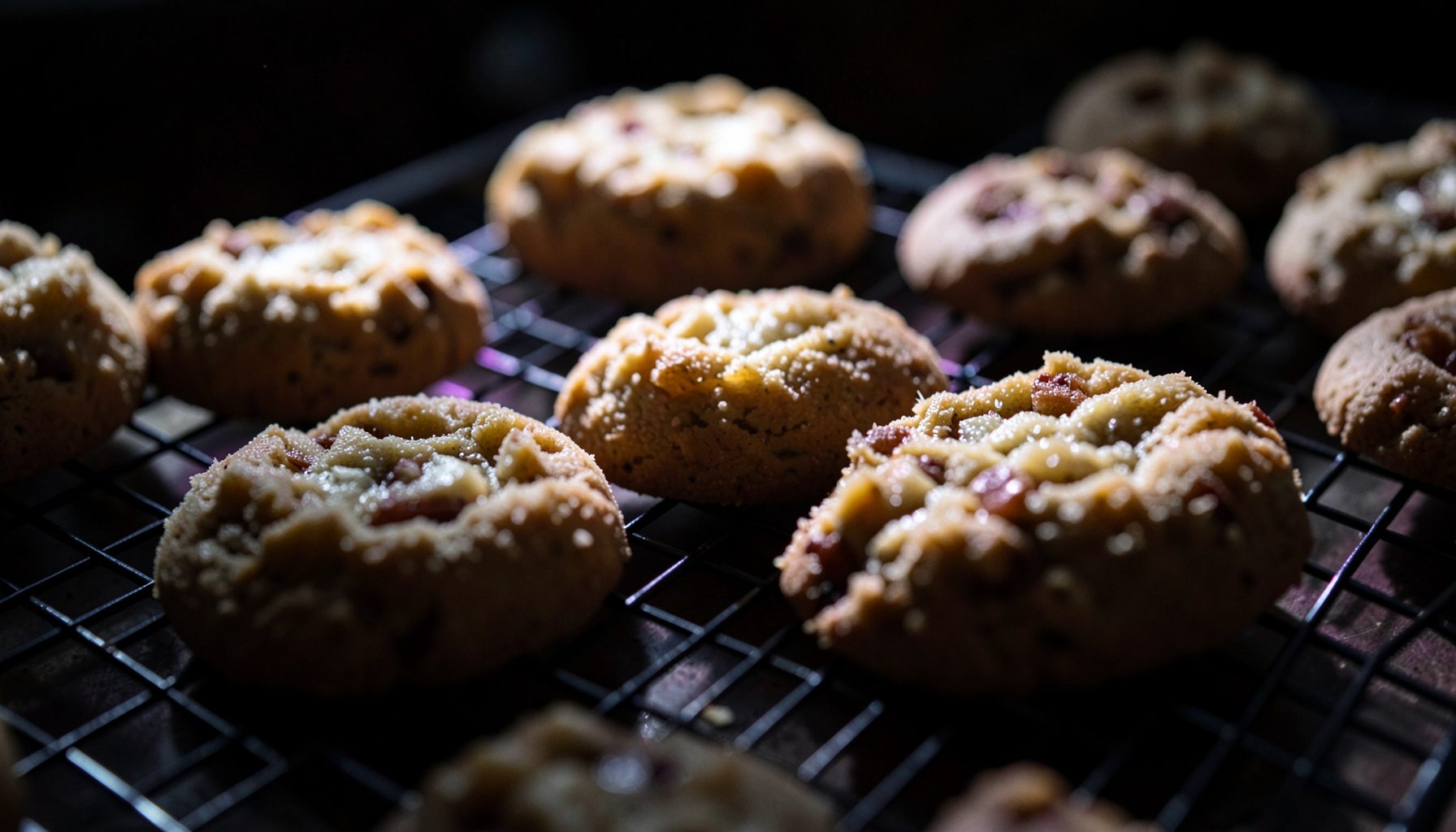 Cookies à la noix de coco dorés disposés sur une grille de refroidissement, lumière douce naturelle