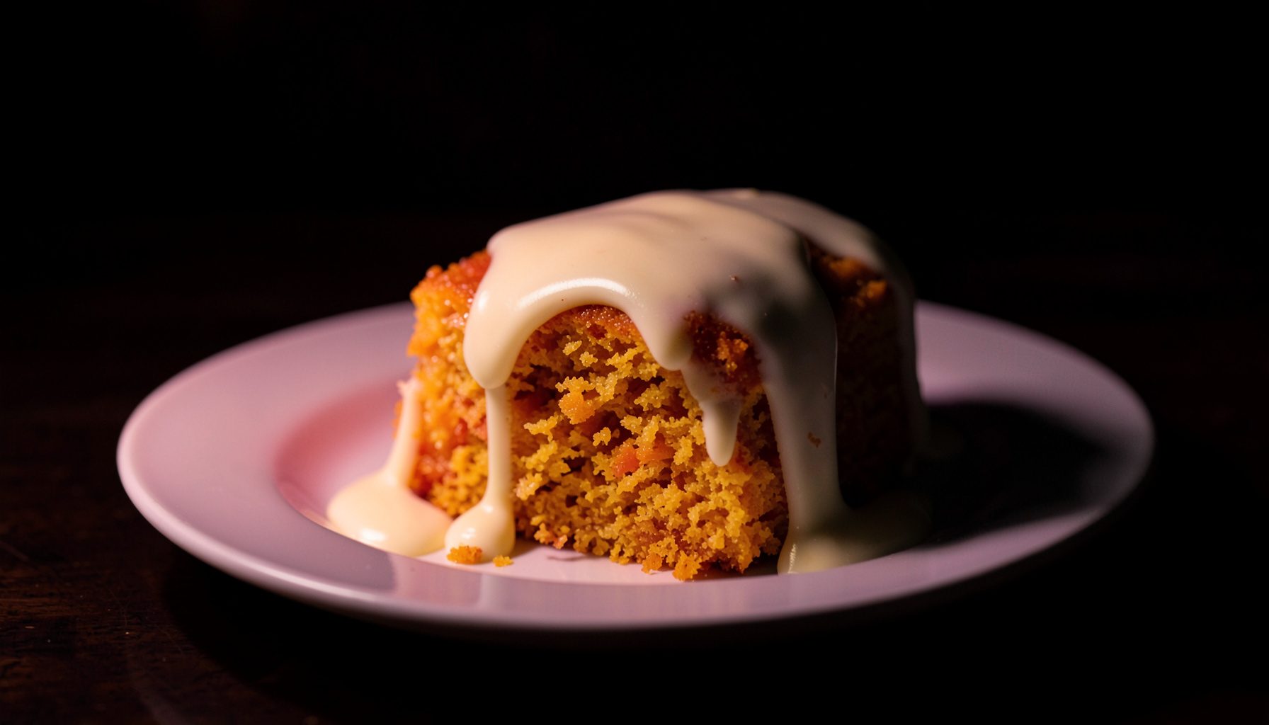 Gâteau à la carotte moelleux sur une assiette, nappé d'un glaçage blanc onctueux, tons chauds orangés et crème