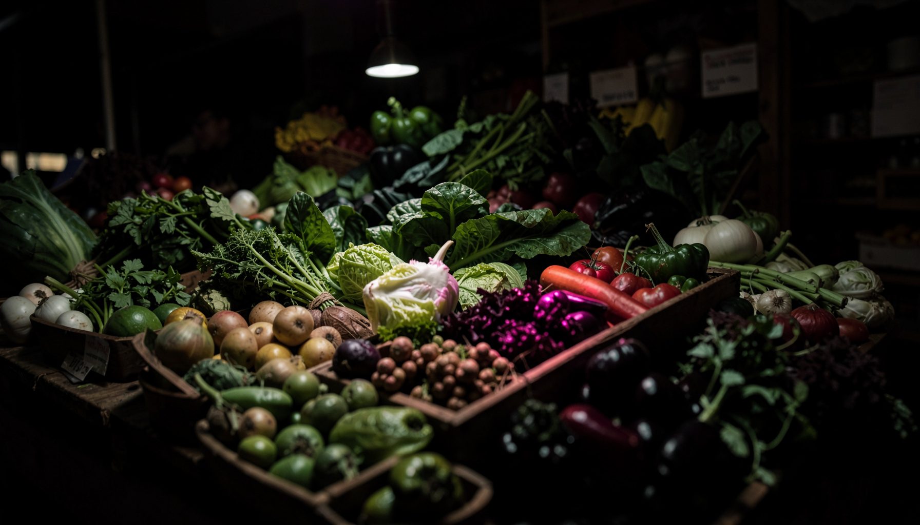 Étal de marché avec des légumes frais biologiques, dominé par des tons verts et terreux, éclairage naturel tamisé