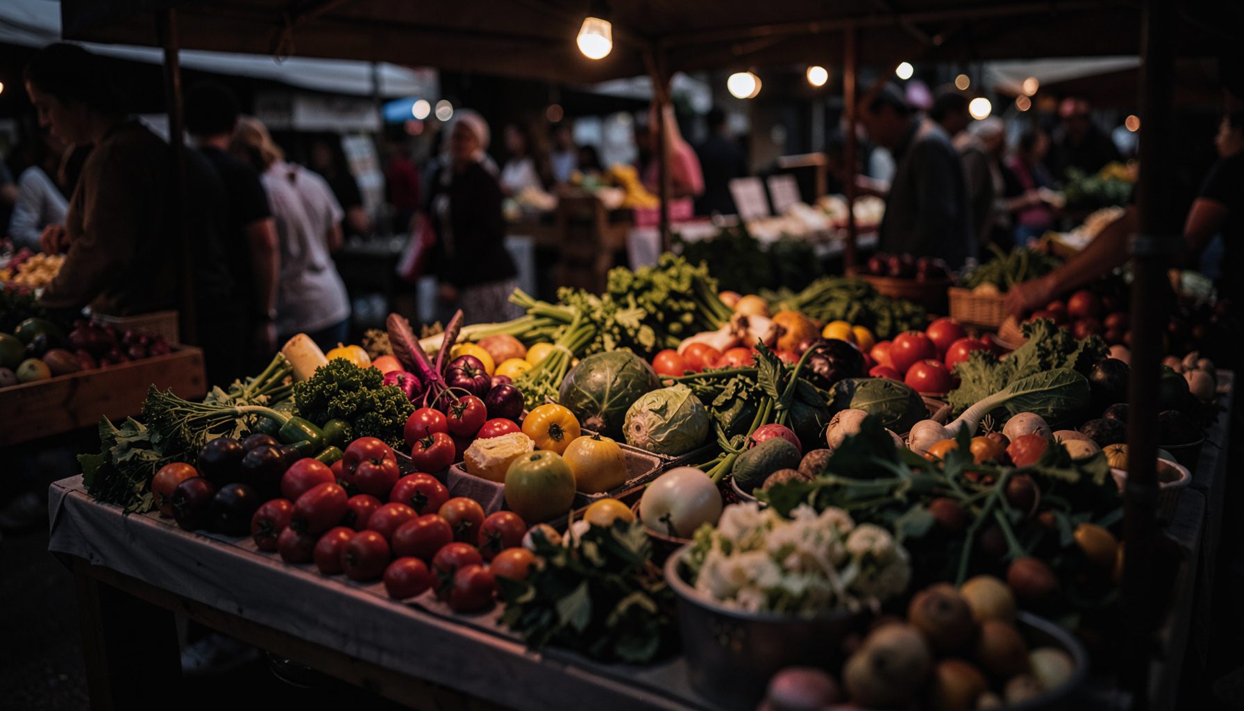 Étal de marché en plein air avec des légumes frais et colorés, éclairage tamisé de fin de journée, ambiance chaleureuse et authentique