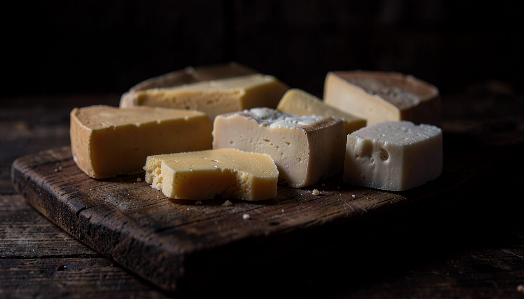 Gros plan d'un plateau de fromages artisanaux disposés sur une planche en bois sombre, avec des nuances de jaune pâle, crème et ivoire, éclairage tamisé et ambiance rustique